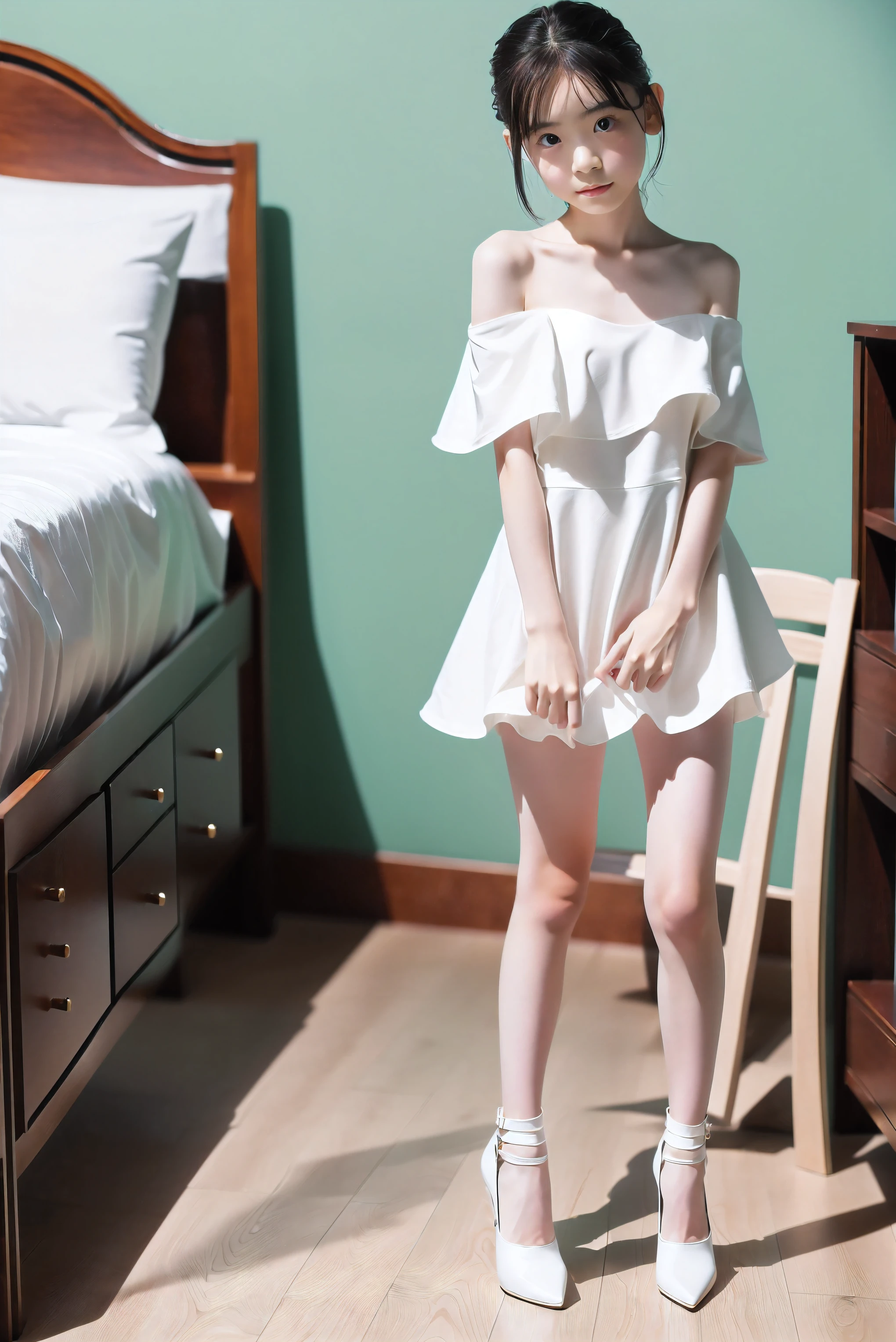 (((Full body portrait:1.5))),((arms behind back:1.5)),(Sad expression),(pigeon toed),(very cute petite Japanese girls with a face),(Short stature),(skinny body),(short limbs),(thin thighs),(Extremely short miniskirt),(Transparent pure white off-shoulder dress),(lightly dressed),(medium breasts:1.5),(drunk),(Voyeurism from front),(from below),(look ahead),white stiletto heels,my room,Ultra high definition,Highest quality,high resolution,Extremely detailed depiction,super detailed skin