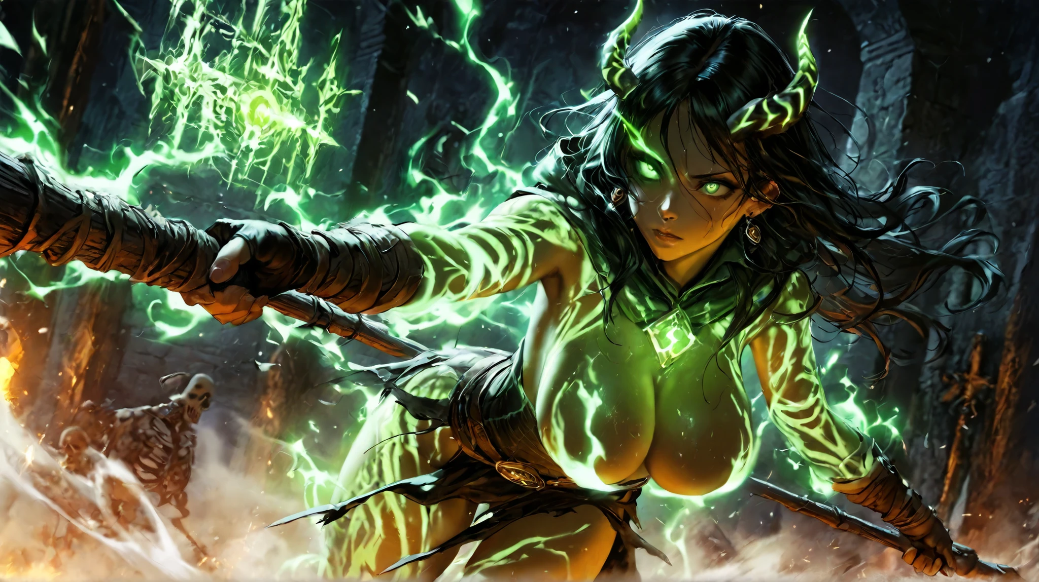 dungeons and dragons, snake scaled face, rpg, green hair, woman warrior, full armor, snake like eyes and snake like teeth, full doby image
