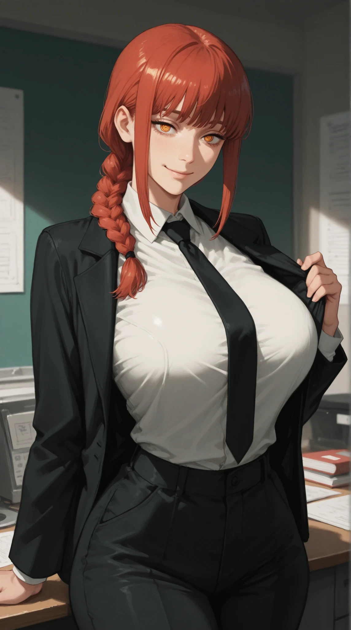 Medium and round breasts, she is a lindo woman ((hands)), (cabelo vermelho, loose braid, com franja e brilho), Palpebras duplas, olhos amarelos, e detalhado, hiper detalhado, efeito de luz nos olhos, detailed irises , corpo sensual, ((Traje Preto, Blusa, black pants, delicado, lindo)) ((obra de arte, hiper-realista, hiper detalhado, melhor qualidade, 16K, luz e sombra na pele, cores vivas) ), delineador , sensual expression, perfect lips, rosto inocente e sexy, ((pele com luz e sombra), lindoly seductive and embarrassed woman, apaixonado, all shy ((hands is lindo)), Flertando com o espectador, lindo, encantador, ( pose de superioridade, IN THE HALLWAY OF THE OFFICE)