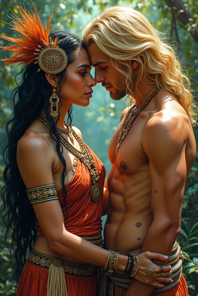Sacred rebels, an extremely attractive couple. Dark bearded man, a shaman. Blonde fairie-like extremely beautiful woman. Side by side, facing the camera.