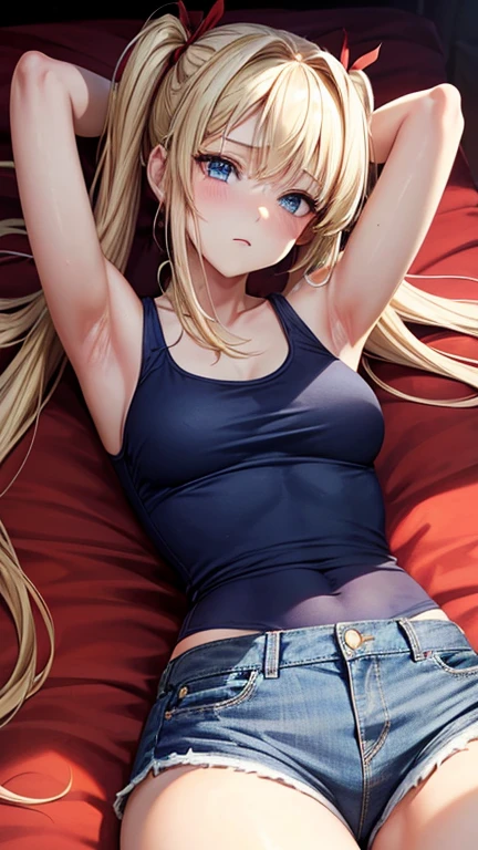 Shiny blond hair, very long hair, sophisticated haircut, ((((hair fully braided)))), ((small twisted braids)), thin and oval face, submissive, ((((tight wool crop top)))), ((((tight skirt)))), ((((gagged)))), cute and blushing 18 years old anime girl, look away because she is embarrassed and blushes, bright blue eyes, detailed face, detailed members, detailed arms, detailed hands, Girl lying, tied by ropes, shackled, can no longer move, tied tightly, very hard tied up with lots of ropes, hampered by so many ropes that she can no longer move, bound hands and feet, ropes tie his whole body, tied extremely tightly and forcefully to her bed by a lot of ropes, its limbs are strongly tied together by ropes, his torso is tied up with thick cords, her chest is so tied up with ropes that it sticks out, her legs are tied tightly with thick ropes, his hands are tied behind his back with ropes, she can no longer move her feet, her hands which are tied by thick ropes, she desperately tries to free herself, likes to be tied tight with big ropes, likes to be immobilized by big ropes, lying down, his hands and feet are strongly tied to the railing of his bed, his legs are pressed together and tied with ropes, its limbs are held vigorously by imposing ropes, her hands are tied securely behind her back by ropes, her chest is compressed by strong ropes, she is pressed against her bed and restrained by large ropes, (shibari, arms behind the back:1.4), (hands on the back), (masterpiece, best quality) 1.5, 1girl, solo, (sexy, beautiful woman, perfect face, perfect eyes, perfect hands), samus aran, (hands on the back), Spread the legs, s&#39; ((lie in bed by big ropes)), ((close up of the girl)), ((((lie in bed)))), ((((arms tied behind the back, Legs Tied,La fille est allongée sur le ventre, La fille est allongée sur le sol:1.5)))), ((((girl seen from behind:1.4)))), ((((girl lying down on her stomach:1.4)))), ((((Outstretched arms:1.5)))), ((((Detailed hands:1.5))))