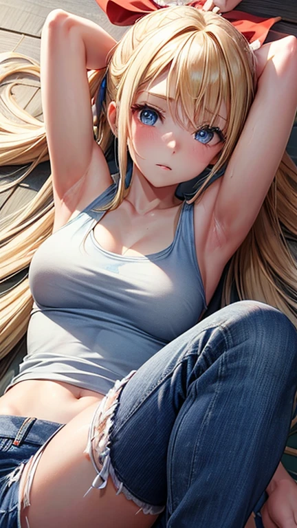Blonde woman, young, tight white bra, jeans, attractive, bedroom, alone, smirking, running hand through hair