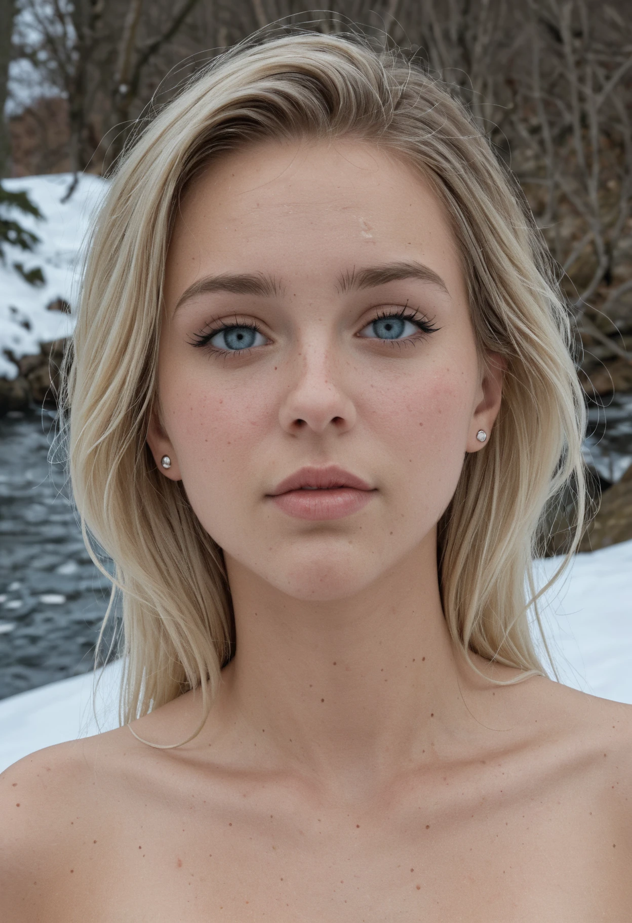 petite girl, 10 years old, Gwyneth Paltrow, blonde woman, High, hair-style, flower in hair, Slim, Skinny, Full-length, NSFW, bare breast, swimming pool on top of a snowy mountain, The sun is at sunset, wistful expression,