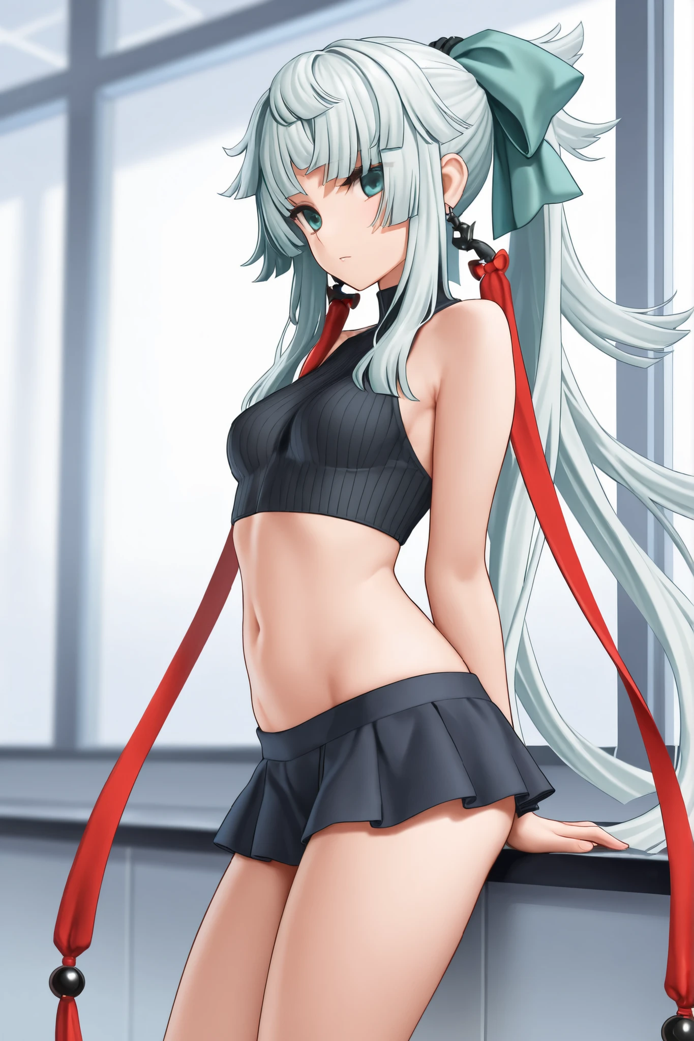 score_9, score_8_up, score_7_up, indoors, cowboy shot, source_anime, 1girl, long hair, silver hair, two side up, long sidelocks, jade green eye, ruby red eye, heterochromia, forehead, short eyebrows, hikimayu, long white eyelashes, white eyeliner, fang, wearing a bikini light smile, white thighhighs, thick_ass_