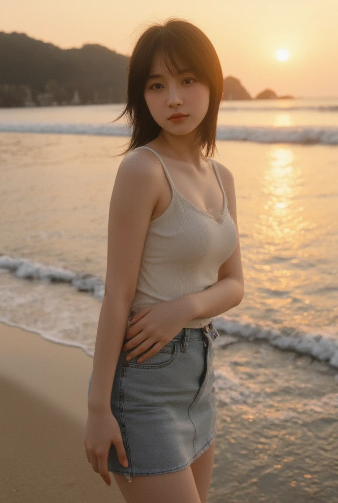 highest quality,masterpiece,32k,realistic,incredibly absurd,Depth of the bounds written、blur background、professional lighting,cinematic lighting,face focus,thin,Photos of beautiful Japanese women,25 year old girl,contrasting,sandy beach,Wind,sunset,long hair,black hair,Tank top,shorts,Hilarious,