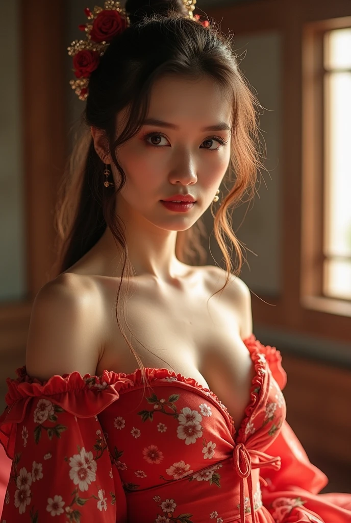 1girls,shrubs,Girl-Girl,china dress,chinese clothes,hair flower,(masterpiece:1.4),(bestquality:1.4),(oily shiny skin),Red lips,looking at the audience,Big breasts,cleft lip, upper body,