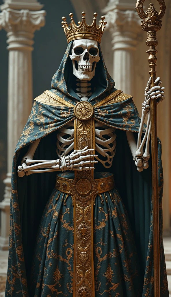 (masterpiece, oil painting, best quality, Rutkowski influence:1.3), weathered skeleton-mannequin, (ancient papal regalia:1.2), worn fabric, papal tiara, rustic wooden throne, moss-covered, tall flickering candles, catacomb background, labyrinthine passages, crumbling sculptures, desaturated colors, somber atmosphere, diagonal shot, extreme close-up.