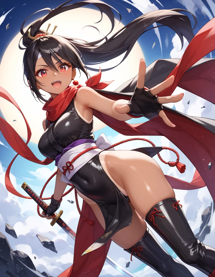 (flat chest:), (masterpiece:1.2), highest quality, High resolution, unity 8k wallpaper, (fine and beautiful eyes:1.6), highly detailed face, perfect lighting, Detailed CG, (perfect hands, perfect anatomy), (1 boy solo:1.4), 20 years old, black hair, extremely beautiful detailfeminine face and eyes, (evil smile:1.4), detailed eyes, best quality,( dark skin:1.8), (turtleneck shirt under yukata:1.2), (bike shorts:1.2), extremely detailed, very precise detailed, (glasses:1.3), blunt bangs, open mouth, (very short pixie cut:1.2), boots,fingerless gloves, smile, (half closed eyes:1.5) ,(squat in magic circle on ground:1.1) ,night sky,long sidelocks,(long red Scarf),(yukata),(squatting),(acrobat pose:1.3),(squat:1.3),(one knee dwon:1.5),(Put one foot in front:1.3),(stylish pose:1.4),(Raise only index finger:1.1),(spread arms:1.5), (1990s \(style\)),(in magic circle on ground only:1.3),(from above:1.2),(open magic scroll by both hands:1.9),(have magic scroll:1.3)