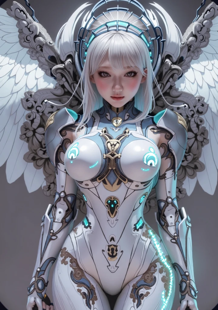 top-quality、​masterpiece、超A high resolution、(Photorealsitic:1.4)、Raw photo、Battle Cyborg Angel、large wings made of metal、White porcelain body、Acrylic Clear Cover、white  hair、glowy skin、1 Cyborg Girl、((super realistic details))、portlate、globalillumination、Shadow、octan render、8K、ultrasharp、character edge light,Colossal tits、Raw skin is exposed in cleavage、Details of complex ornaments、More about the Aztecs、Hydraulic cylinder、Small LED lamp、highly intricate detail、Realistic light、a purple eye、radiant eyes、Facing the camera、neon details、cowboy  shot、Futuristic headgear、About Cyberpunk、、