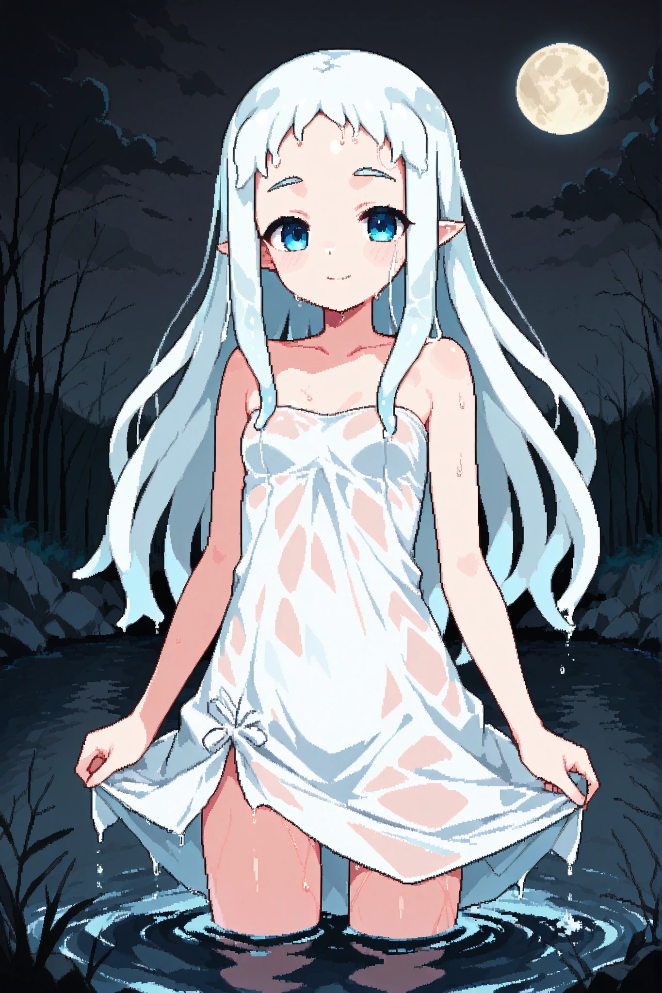 score_9, score_8_up, score_7_up, source_anime, 1girl, solo, pixel art, (squid girl), tentacle hair BREAK
Tentacle hair, (white hair), forehead, long hair, blue eyes, small breasts, pointy ears BREAK
White dress, bare shoulders, strapless, sleeveless, collarbone BREAK
Looking at viewer, smile, closed mouth, wading , outdoors, ((soaked, wet hair)), (abandoned garden) , lake , (dark sky , dark clouds) , night_time , full moon