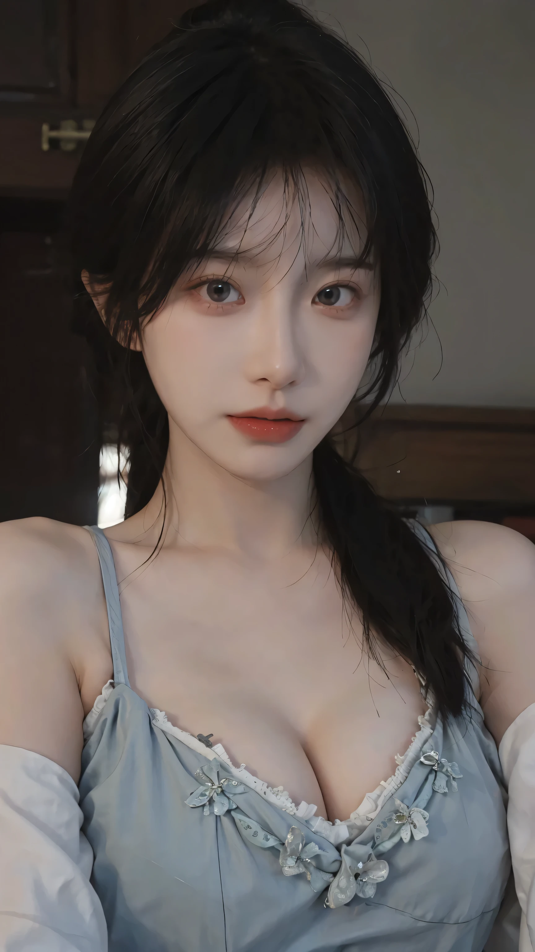 8K, best qualtiy, tmasterpiece, 超高分辨率, (真实感: 1.4), RAW photogr, (True skin texture: 1.3), (filmgrain: 1.3), 1 rapariga, tmasterpiece, best qualtiy, closeup cleavage, (((green color))Slip dress,Perspective from above,long whitr hair,Bushy hair,Poor milk,flatchest,Little big breasts柄