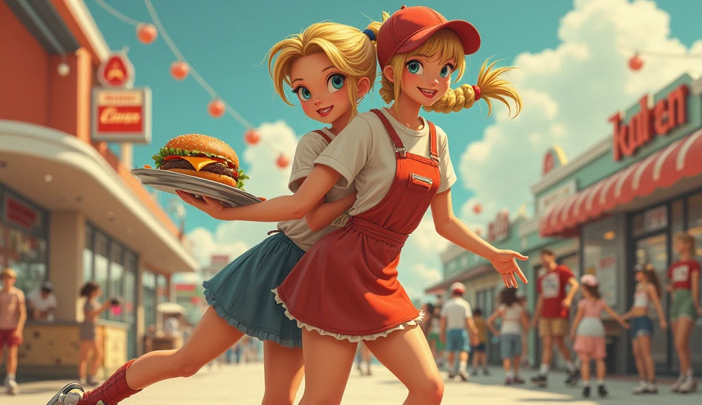 (Characters: Girl1, Girl2), Girl1: (Blonde Hair), Ponytail, Blue Eyes, Very Large Breasts, Blue Skirt, Blue Halter Top, Girl2: (Dark Brown Hair), Long Hair, Blue Eyes, Very Large Breasts, White Pants, Pink Off Shoulder Top, in outdoor Market, Taking a Selfie, (Smiling)