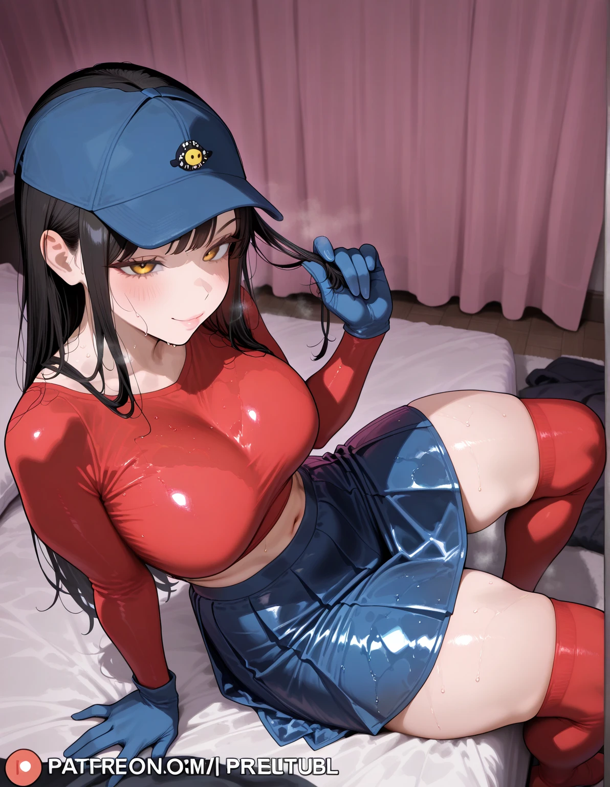 Jenny-pokemon sitting on bed, goregous police woman, sitting, perfect legs ((arms behind back)) unbutton shirt, busty, colossal cleavage, lipstick, smiling, police cap ((plain background:1.3))
