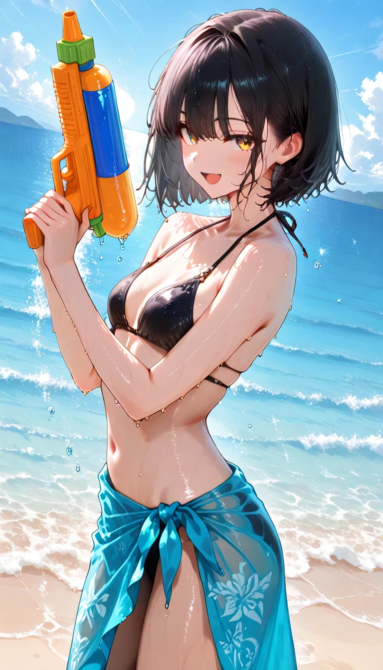 Highest quality、masterpiece、beautiful、detailed、Year: 12、Black hair twin-tailed female elementary school student、Height: 140cm、beach、Pouring sunlight、Dynamic pose、Spraying water with a water gun、Angle from below、smile、Slim figure、Soaking wet、erectile nipples、open vagina、pussy、photoRealistic、Microbikini