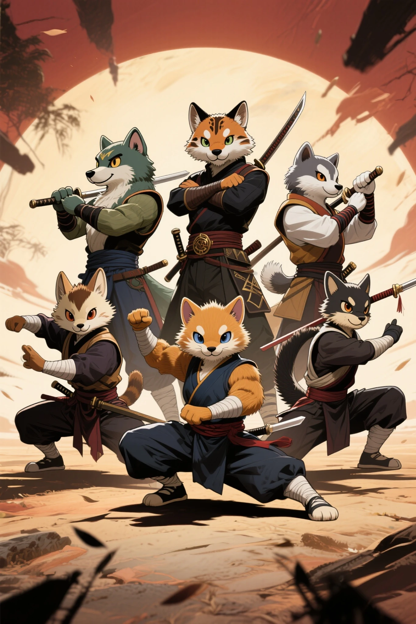 Create a team of Tokusatsu Furry warriors, in a form of presentation next to each other, each in a different ninjutsu position. With each member of the team being of a different animal species from the other.