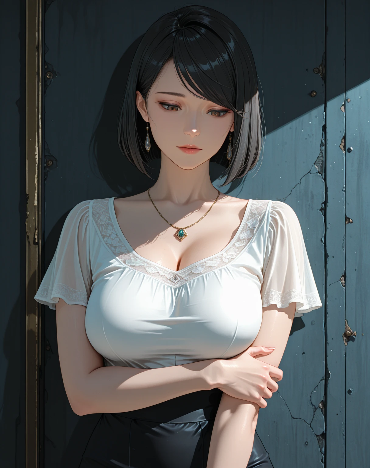 1girl, white knit dress, appealing cleavage, beautiful tattoo, overhead view, beautiful detailed eyes, beautiful detailed lips, extremely detailed eyes and face, long eyelashes, feminine charm, detailed texture, snug fit, fashionable, soft fabric, radiant skin, (best quality,4k,8k,highres,masterpiece:1.2), ultra-detailed, (realistic,photorealistic,photo-realistic:1.37), tamaki