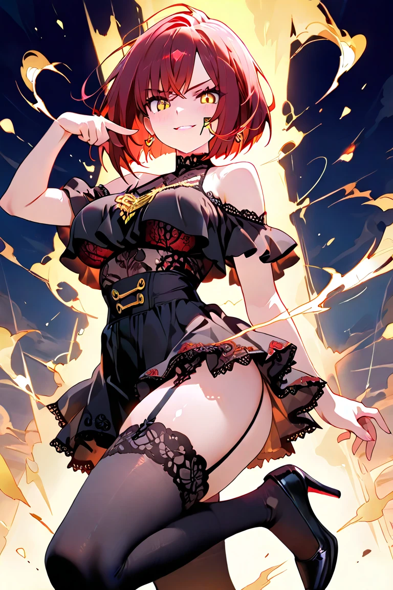 Sometime in March, (masterpiece, highest quality, super detailed, best shadow), (detailed background,dark fantasy), (beautiful and detailed face), high contrast, (best illumination, very delicate and beautiful), ((cinematic light)), colorful, hyper detail, dramatic light, intricate details, (1 girl, alone,Red hair, short bob, sharp face,purple eyes, hair between eyes,dynamic angle, big breasts), Black light swirling around the character, Depth of the bounds written,black light particles,(Broken Grassical Circle, warrior, full body esbian, woman, cheerfulness, smile, look ahead,