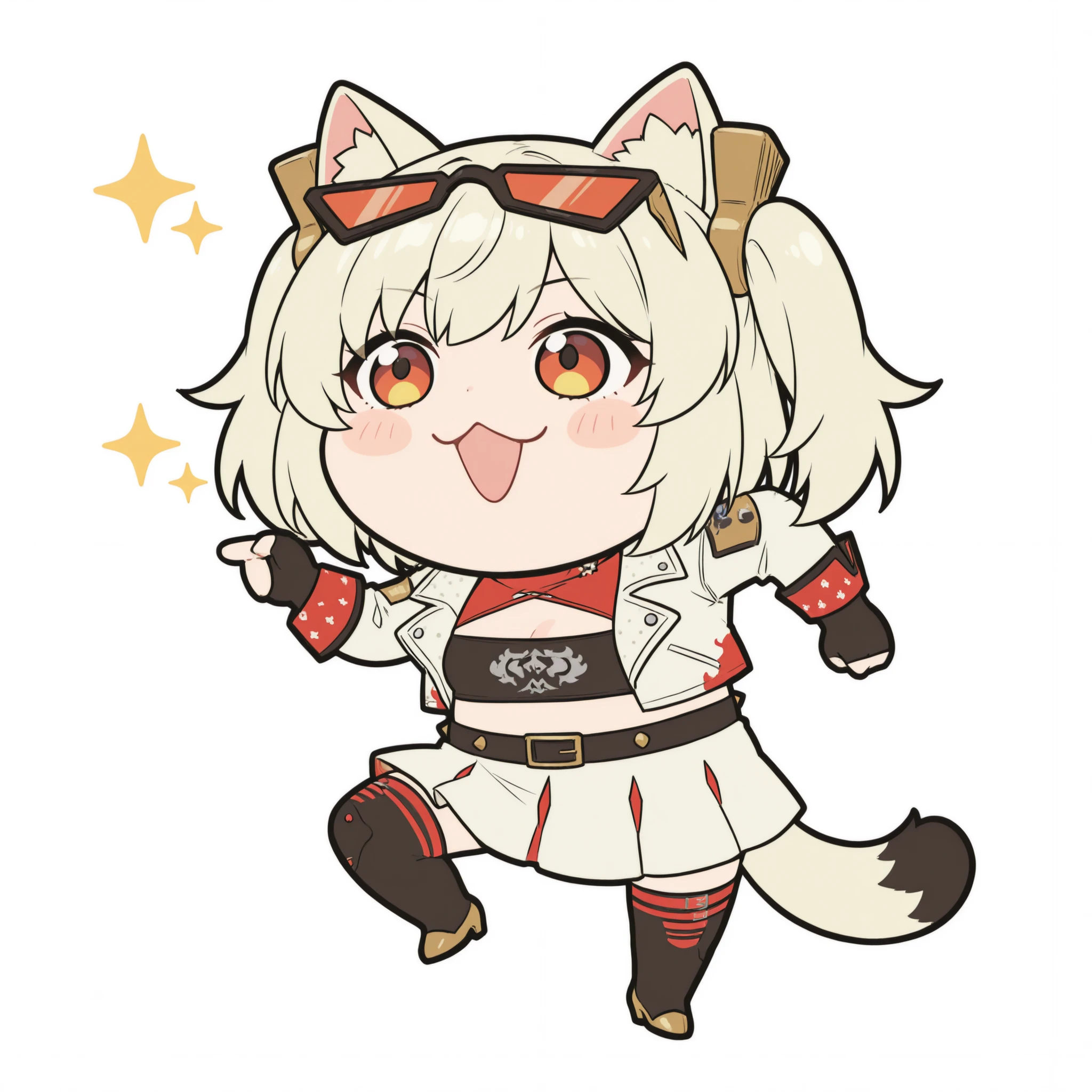 かわいいcatの, genba _cat,chibi, Pointing, standing on one leg, :3, Open Mouth, meme,  parody in hin, Simple Background, white background, full body, (Burnice White Main Outfit), 4K high definition, bright color彩, best quality, 4K, masterpiece, Ultra Fine, Studio Lighting, ultra fine paint, bright color, Clear Focus, Ultra Detailed , Professional, HDR, super high resolution, bokeh effect ,