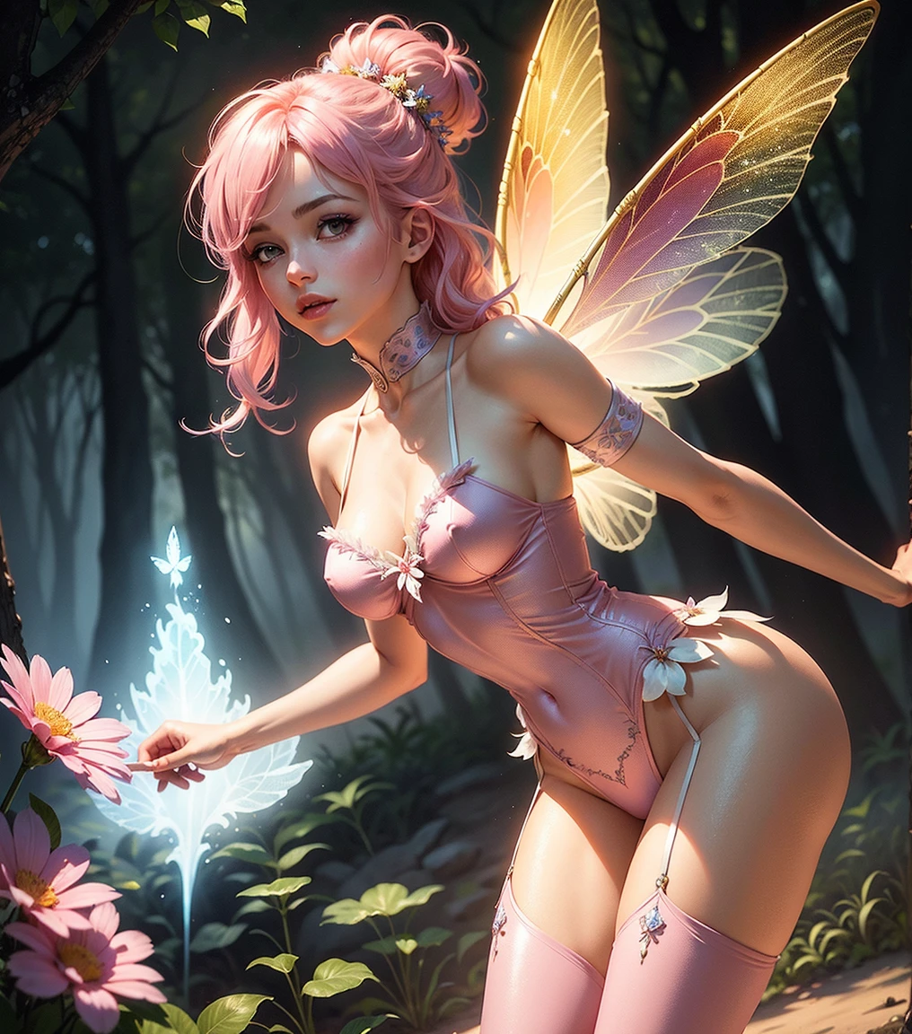 8k, delicate lilac flower branch, lilac fairy, ultra clear, divine light, beautiful spectrum light, petal sparkle, flashing, dark background, transparent light drops, reflected light, bright, light streaming in, optical, portrait profile, sharp focus, magical, complex, ultra realistic, accurate anatomy, four fingers and one thumb relationship, bewitching, sexy, erotic, beautiful face, pretty face, gentle smile, detailed perfect face, detailed beautiful eyes, big even eyes, sexy lips, perfect proportions, huge breasts, thin waist, navel, wide hips, crotch gap, sexy thighs, (random pose highlighting her beautiful), (changing pose: 1.5), (dynamic angle), fantasy, composition, light, art station trends, pearl, silvery steam patronus cloud, corrosive enveloping ray family, on top of the forest trees,