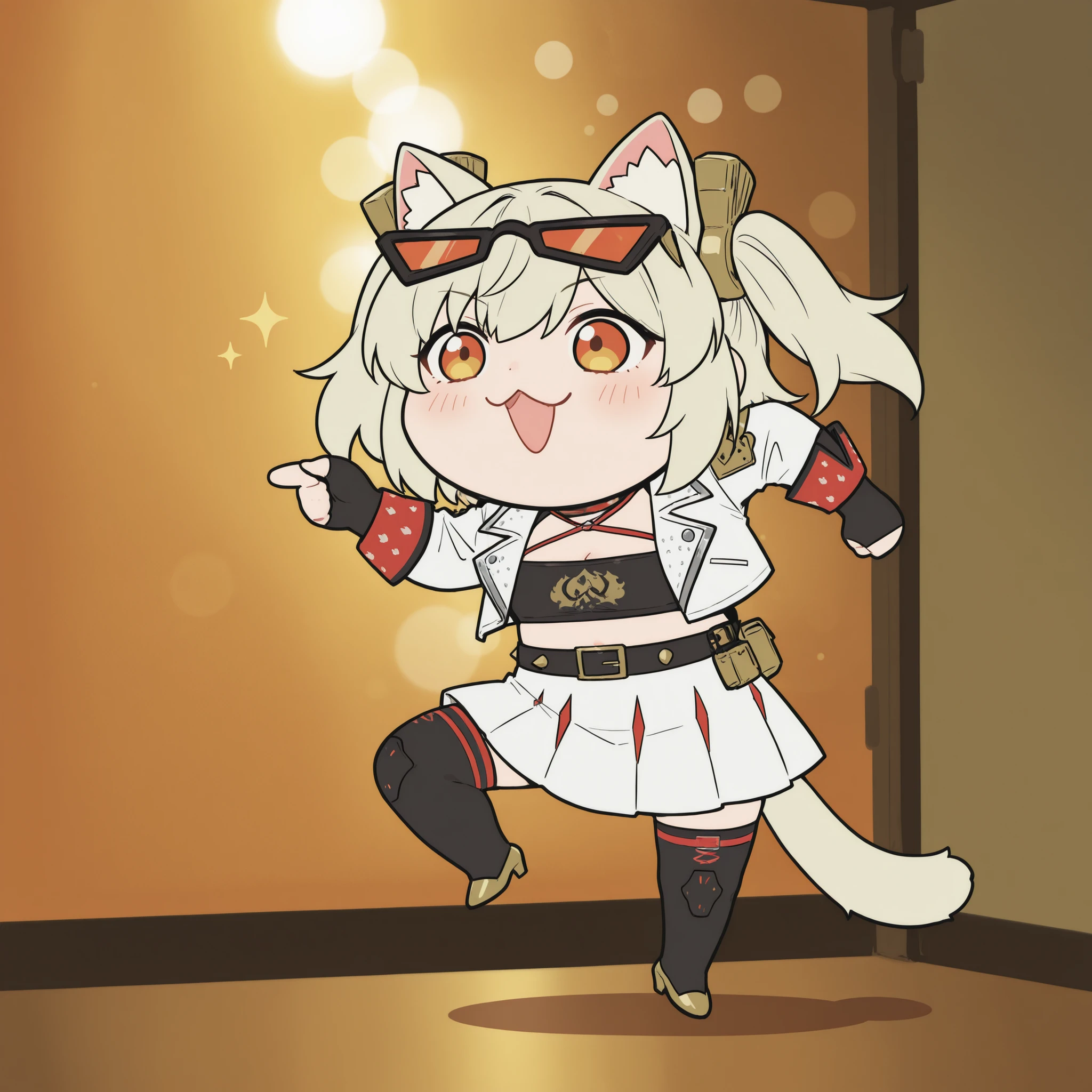かわいいcatの, genba _cat,chibi, Pointing, standing on one leg, :3, Open Mouth, meme, parody in hin, Accident scene,full body, (Burnice White Main Outfit), 4K high definition, bright color彩, best quality, 4K, masterpiece, Ultra Fine, Studio Lighting, ultra fine paint, bright color, Clear Focus, Ultra Detailed , Professional, HDR, super high resolution, bokeh effect ,