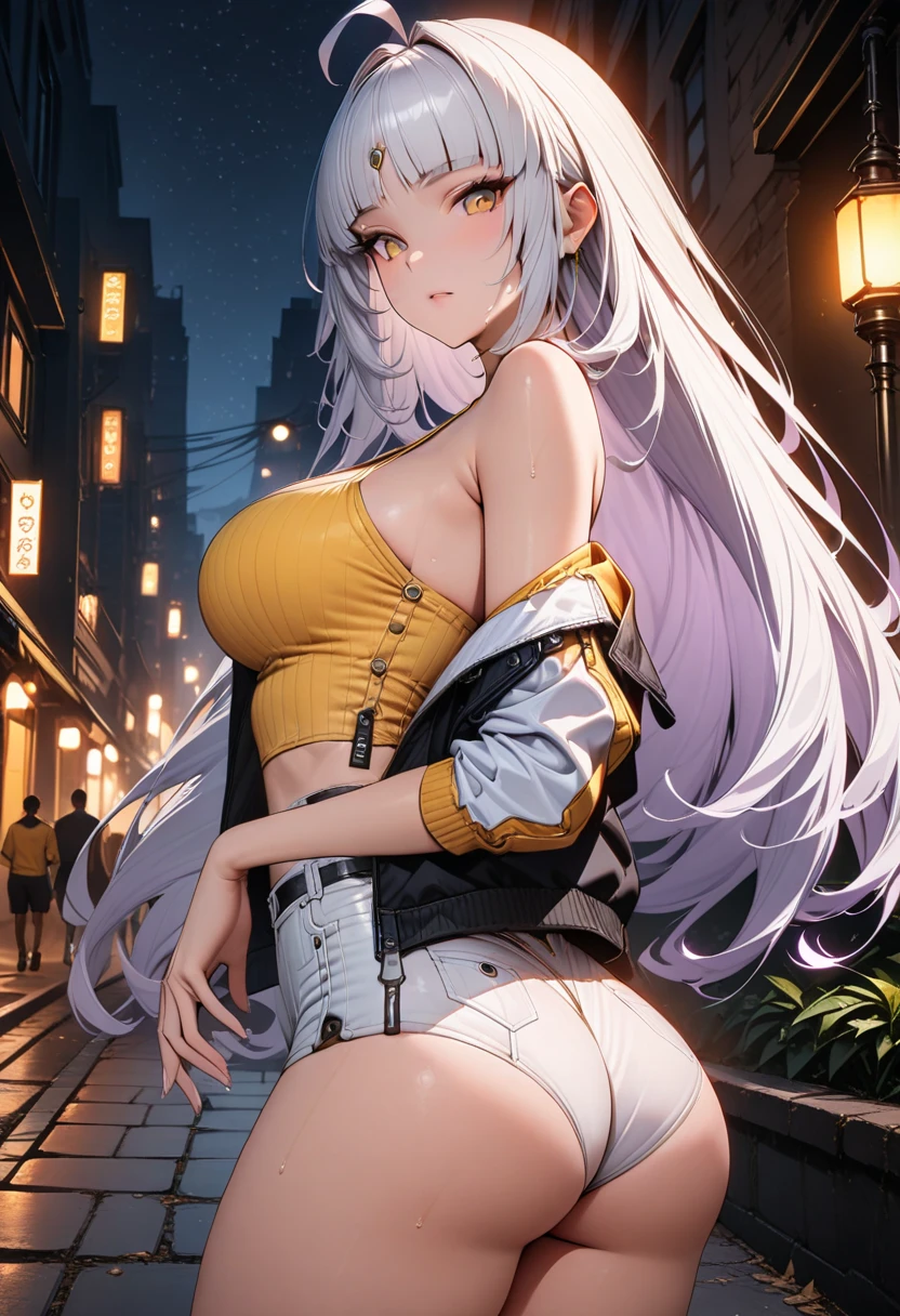 masterpiece, best quality,1girl, solo, facing viewer, <lora:EPfeMicaiah-07:1>, EPfeMicaiah, 1girl, long hair, grey hair, yellow eyes, photomosaic, park, evening, arm support, tube top, mini skirt, sandales, speaking, talking
