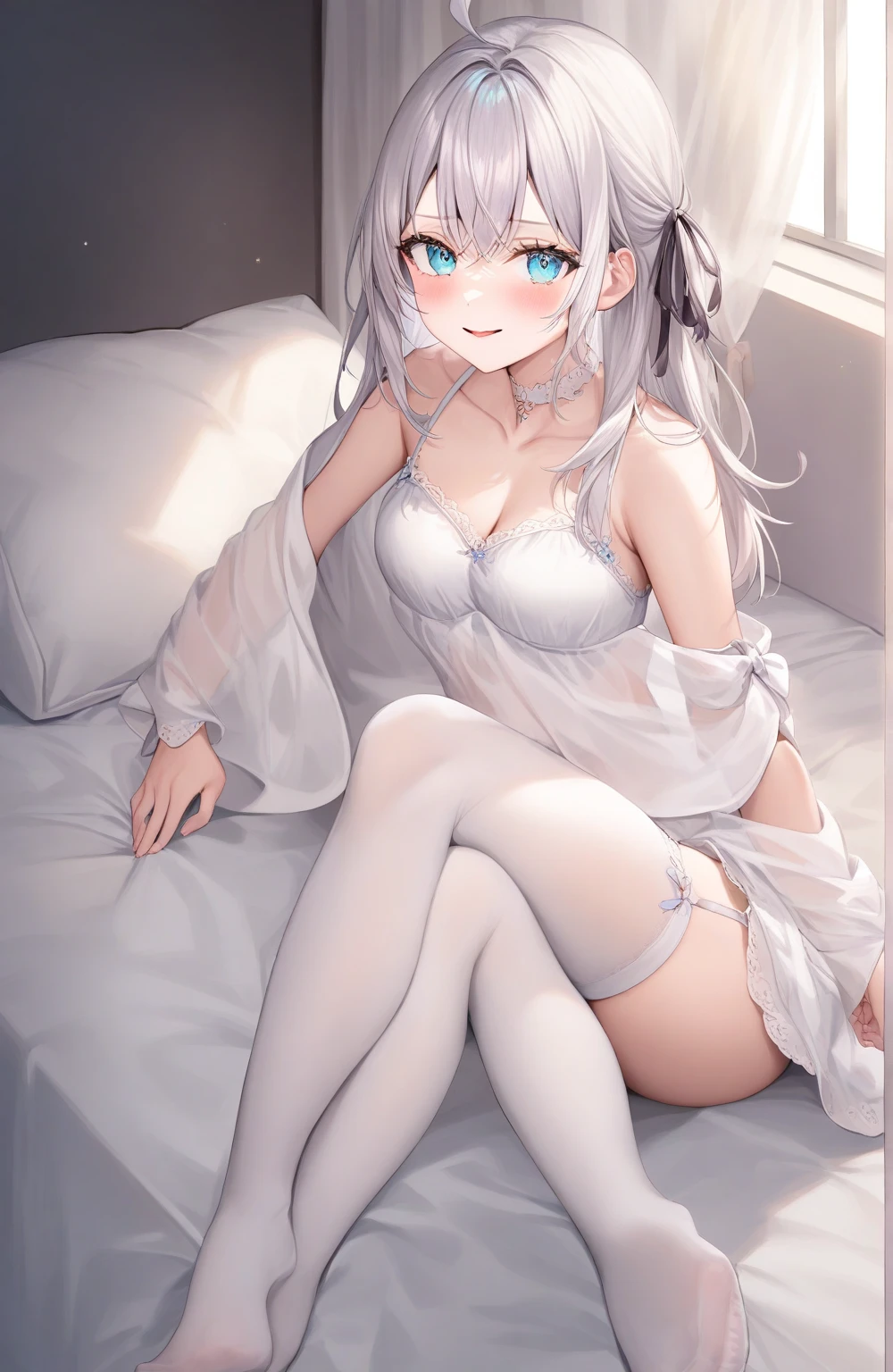 Perfect face girl，White hair，barefoot，Lying in bed，Cat ear，Second Dimension，Petite