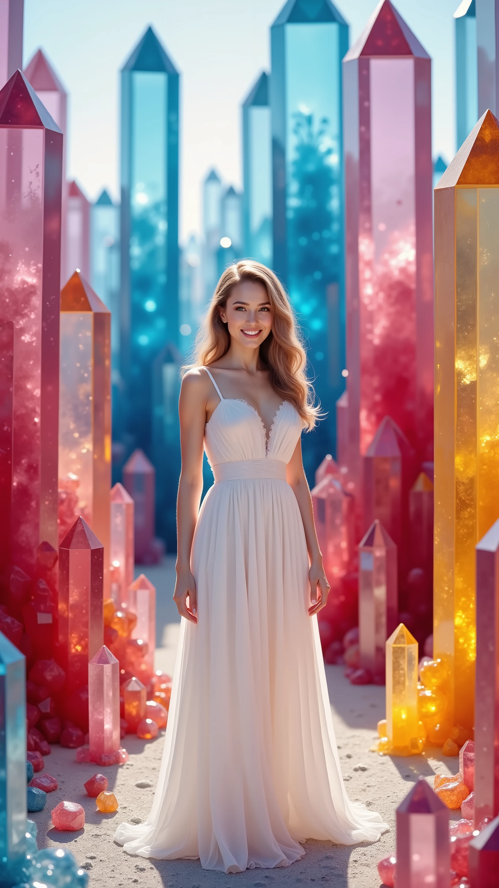 Ultra realistic, cinematography, ultra detailed, 8K, highres, 1girl, gorgeous pale skinned woman wearing a long white dress standing amongst thousands of crystals, enormous 12-20 foot tall dark blue, pink, red, and yellow translucent, see-through quartz crystals, hundreds of gigantic different colored translucent crystals, direct eye contact, smiling, looking at the viewer, full sunlight, breathtakingly beautiful, cinematic photography, cinematic portrait, photorealistic, hyperrealism, ultra detailed, UHD, full focus, awe inspiring, stunning, visually intoxicating, award winning, masterpiece, (many more gigantic translucent quartz crysyals)