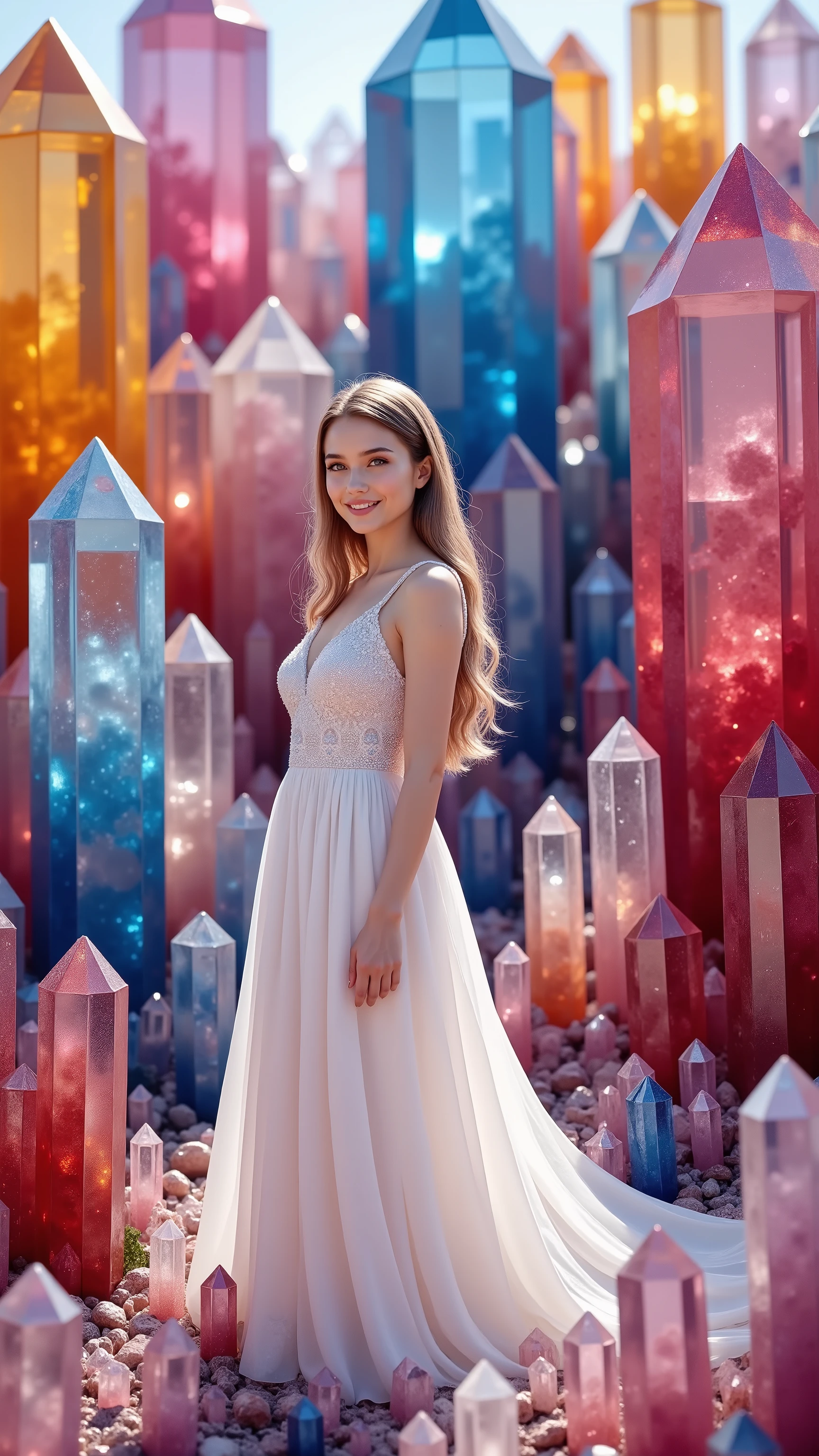 Ultra realistic, cinematography, ultra detailed, 8K, highres, 1girl, gorgeous pale skinned woman wearing a long white dress standing amongst thousands of crystals, enormous 12-20 foot tall dark blue, pink, red, and yellow translucent, see-through quartz crystals, hundreds of gigantic different colored translucent crystals, direct eye contact, smiling, looking at the viewer, full sunlight, breathtakingly beautiful, cinematic photography, cinematic portrait, photorealistic, hyperrealism, ultra detailed, UHD, full focus, awe inspiring, stunning, visually intoxicating, award winning, masterpiece, (many more gigantic translucent quartz crysyals)