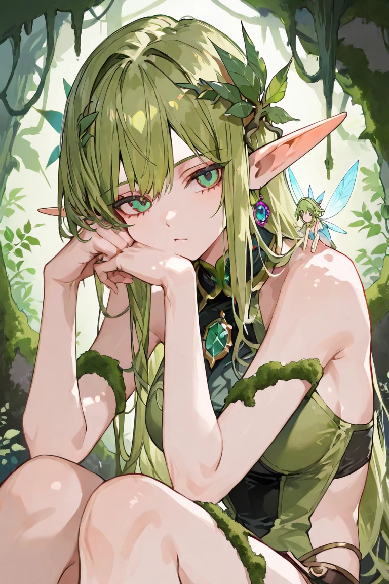 ((masterpiece)), ((best quality)), ((High resolution)), ((Extremely detailed CG unified 8K wallpaper)), ((On a branch deep in the forest:1.3)), ((Elf woman cartoon character, pointed elven ears, blonde wavy hair, green eyes, bare skin:1.2)), Cowboy shooting, Skin is moist and shiny, Wearing a flowing miniskirt and leather armor with gold embellishments, long leather boots, ((tilt head, View from the front:1.2)), ((Squat down)),