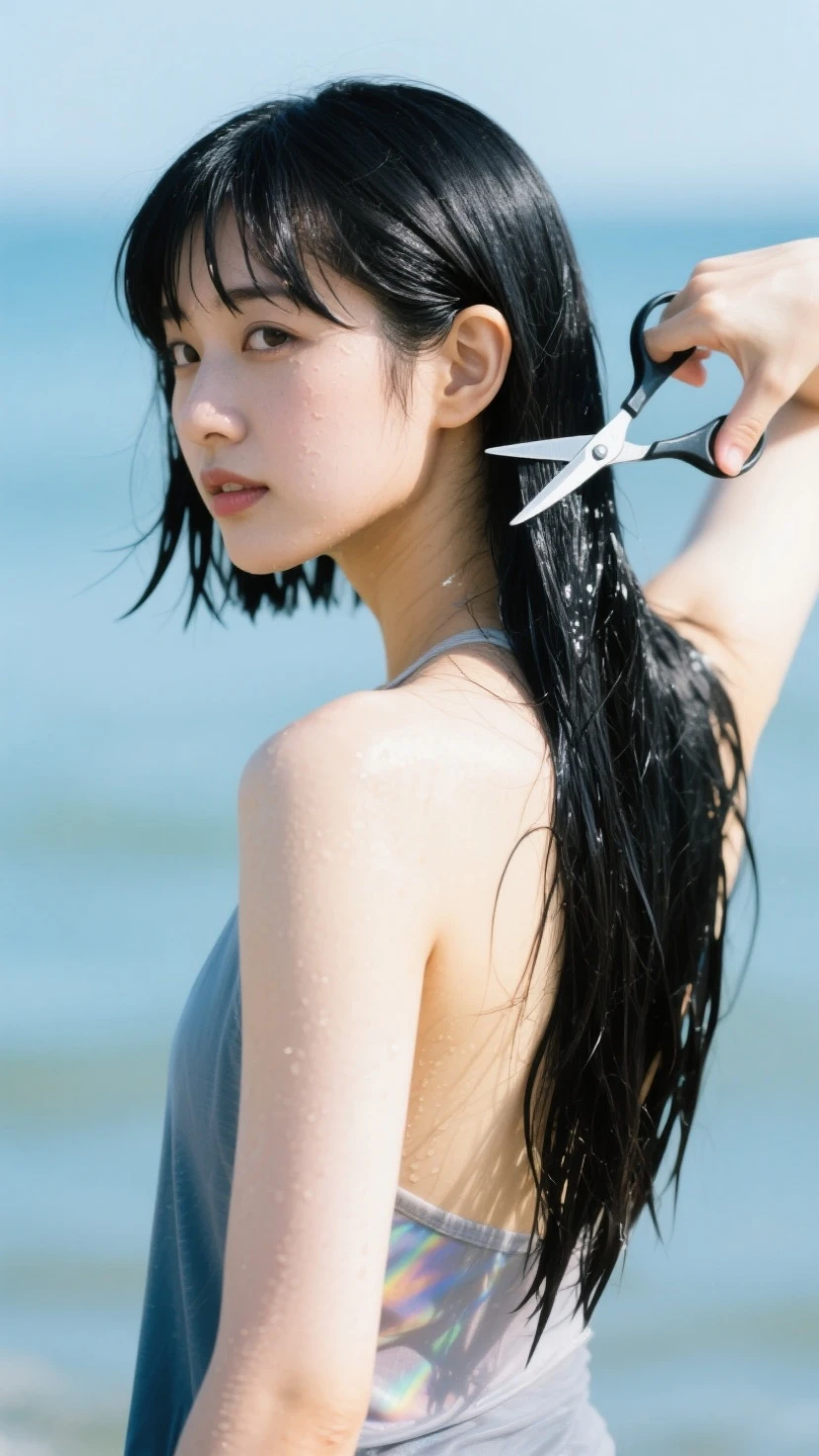 Araffe woman, bikini set, stand back, Look up, look at the sky, Splashing water on your head, hair is flowing, long hair floating, floating hairลมแรง!!, floating hair, floating hairอยู่บนน้ำ, water flowing through hair, Hair dryer, Hair dryer, in the water up to her shoulders, My hair is wet and flowing., water mist, hair is flowing down, in the water, Hair dryer the wind, Soak wet hair, View from the side, Huge breasts, ลำตัวอยู่in the water, Girl shakes her hair in the sea