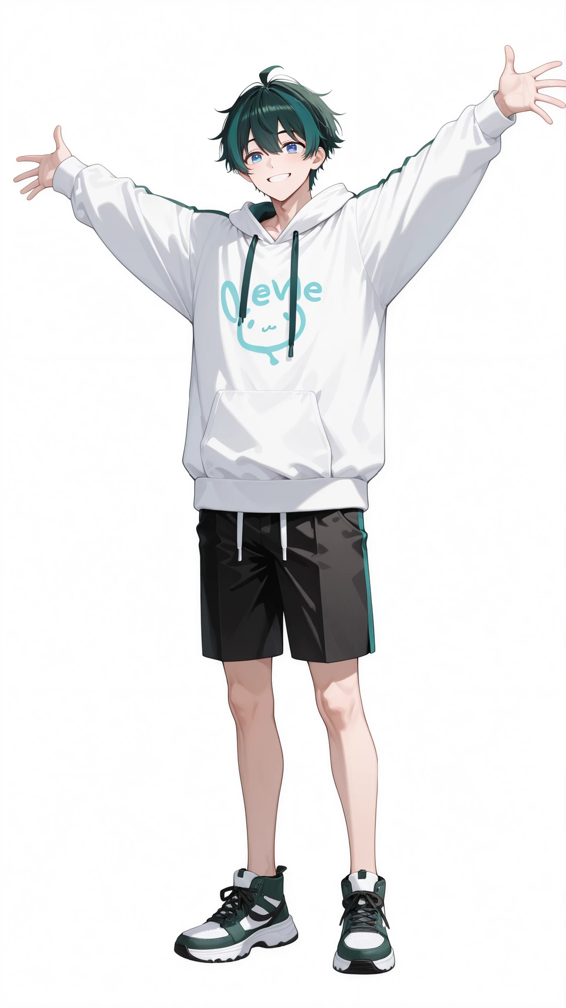 1 male、Full Body、spread arms、Dark green hair color、blue eyes、white hoodie、black shorts、front view、Smile Yan、sing