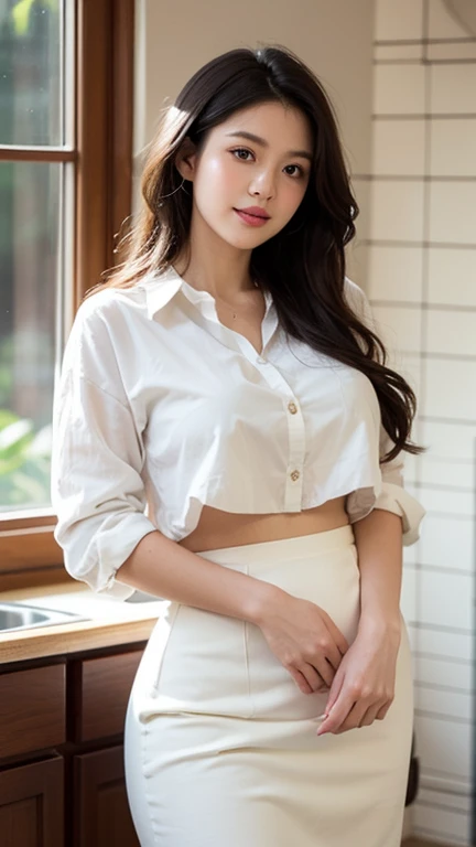 Young wife in the kitchen、Super detailed、Particles of light:0.5、Shiny and smooth skin texture、Put your hands on the railing、Beautiful Eyes、dorsal position、Mouth half open、Natural Texture、Long Wavy Hair、、Mature slender beauty、Small breasts、Dignified face、Boyfriend Shirt、Belly button、slouch