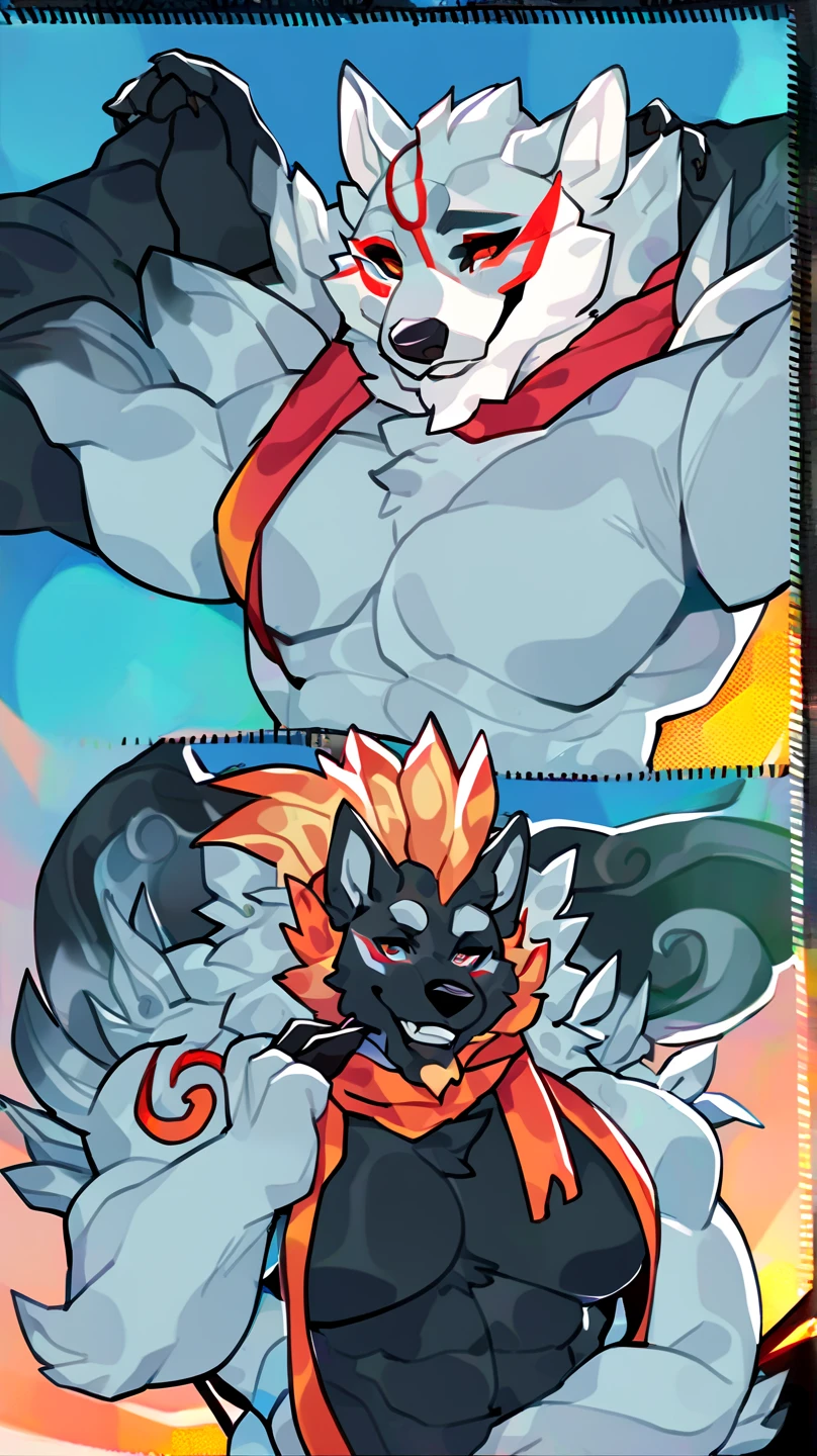 A character reference sheet with multiple poses of a shirtless masculine, fat, bulky anthropomorphic chinese foo dog, guardian lion with a fluffy curly mane and tail and an autumn motif. Strong, masculine, mischievous, jolly, kind. Pastel colours