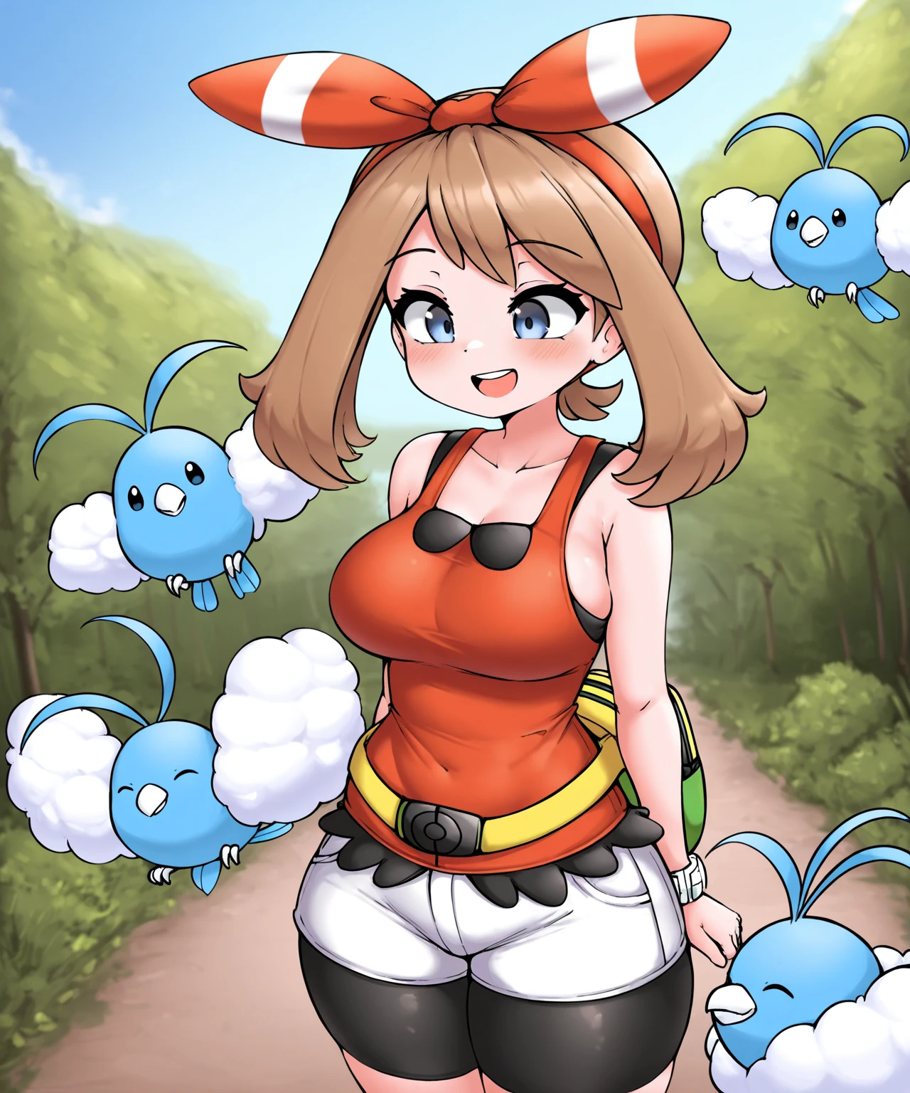 Pussy,Explicitly colored genitals,Brown Hair,Big collar、A garment with an open chest design,Exposed breasts,Pants with no fabric in the crotch area,露出したPussy,（beige skin,Beige breasts,Beige thighs,Pink nipples,）Light blue eyes,A picture of a woman holding a monster ball, Pokemon Misty, Gainax Anime Style, Also, Masamune Shirow, Inspired by Rei Kamoi, inspired by Un'ichi Hiratsuka, Singey, Cool pose, dramatic Grin pose, Female protagonist 👀 :8, Grin, rei hiroe