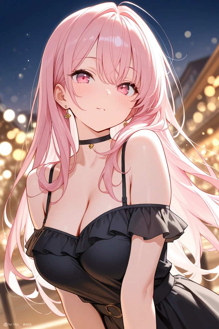 (best quality:1.1), (masterpiece:1.2), high quality shadow, beautiful detailed, (high detailed skin, skin details), (wide_landscape, 8k), beautiful face, detailed eyes, depth of field, dramatic light, best quality, highres, best shadow, best illumination, 1girl, pink hair, long hair, red eyes, hair between eyes, bangs, shy, large breasts, black lace dress, fishnet tights, platform boots, choker, from above, selfie,
