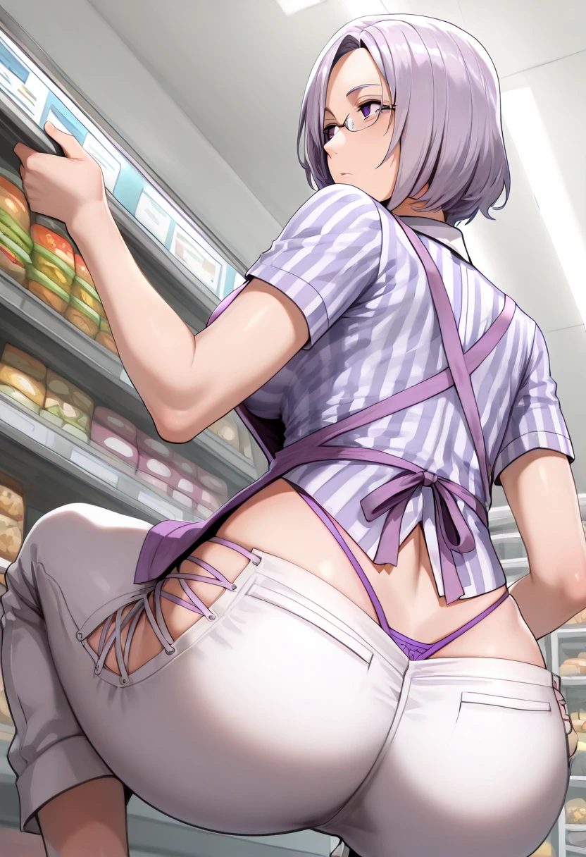 Highest quality、super high quality、16K, Delicious breasts、Facial expressions are random、The place is a convenience store、 Her hair color is pink、The pose is random、The distance is random、Angles are random、Small face、Very delicate facial expressions、Delicate eye depiction、Highly detailed hair、Erotic、18-year-old female、Glowing Skin、Soft Skin、The only sexy Japanese woman、Clothing: Underwear、Lower Body、1 female、Sexy ass、The focus is on the butt、焦点はLower Body