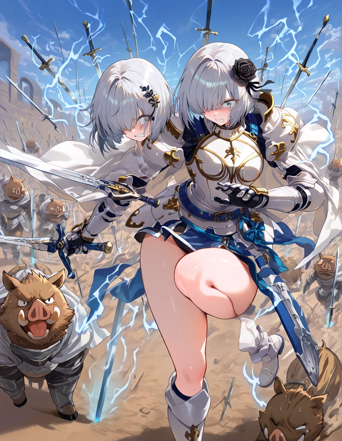 fantasy, 1angel_girl,child, loli,brown_hair, medium_bob_hair, long_bangs, halo,bare_shoulder,thighhighs,silver_armor, waist_armor, large_breasts,angry,grinning,open_mouth_teeth, 1pair_wings, dynamic_pose_fighting,floating, bare_crotch, headgear,gauntlet, greaves,city_sky_background,slightly_spread_legs, solo, groin_naked,dark_skin,