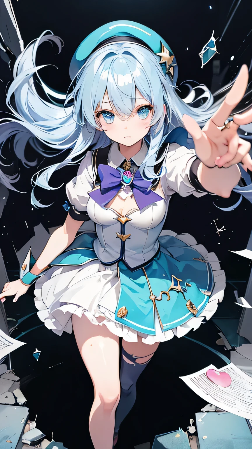 7 rainbow colored hair, expressionless, neat white uniform, holding a sword, very large breasts