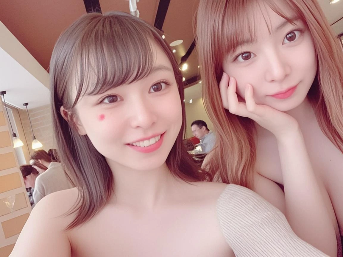 The photo shows two women posing together、Nude,