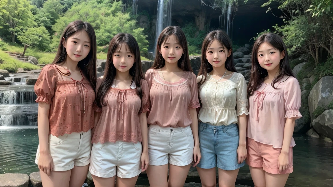 (3 girls), Young faceอินโดนีเซีย, 12 years,smile, white skin, Round breast, blue eyes,((Wear a tank top and skirt., On a hot summer day, show off your shoulders.))Masterpiece, Highest quality, 8K, beautiful girl, Young face、 photography, Cute face, thigh,In the meadow, Embarrassing、รอยsmile、((((((อายุ 12 years))))))、small waist、 ((Busty breasts))