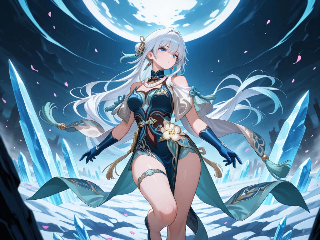 White translucent slime girl, Large Breasts, Slightly thick thighs, Yellow long skirt dress, Sitting on a big rock, white hair, side drill, tareme, happy, anime style, UHD, masterpiece, accurate, anatomically correct, super detail, best quality, highres, 4K