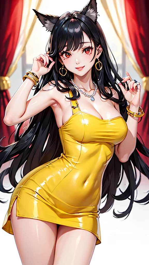 Albedo,Yellow theme，Promotional poster style，Red cheongsam，Red one-piece stockings，D-cups，Fleshy thighs，highly rendered，detailed face with