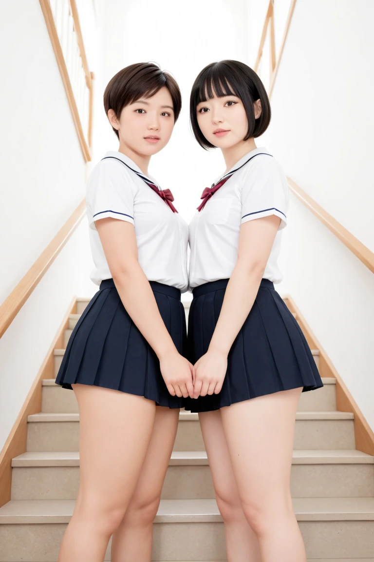 (masterpiece,highest quality,High resolution,Realistic,photograph:1.2),(One high school girl:1.2), (((White polo shirt), Navy blue pleated skirt),(White sneakers),White socks),(Smiling with some teeth showing and eyes narrowed:1.3),(Bobcut,Brown Hair,Natural Makeup, Eyelash extensions, Make your eyelashes thinner and longer:1.3),(Cowboy Shot:1.3),(16 year old Japanese girl:1.2),(clothing that fits:1.2),(School corridor:1.3), (The subject is viewed from below:1.2), (Panty shot:1.3), (Random sexy poses, Leg spread, Squatting and tiptoe:1.3), (Hands behind head:1.3)