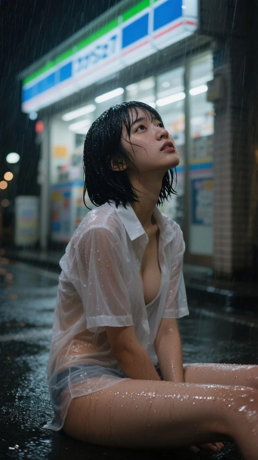 short tshirt,(Cinematic tones)(Wet clothes:1.9),(Get wet all over your body:1.9),Top image quality, tmasterpiece, 超高分辨率, (Fidelity:1.4), photore,deluge, stunningly beautiful woman, (Sorrow), white shirt, dim murky lights, shadowy, Desperate, Pity, Pathetic, Cinematic, Tears, tear drop, (ripped clothing:1.5), (Wet clothes:1.4), bare shoulders, Real rain, wetting hair