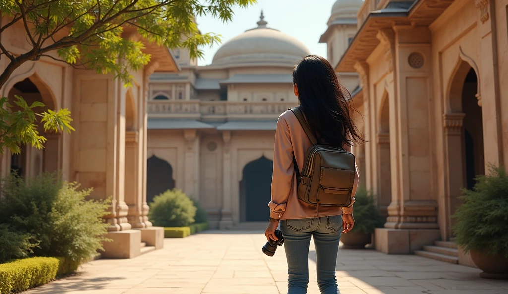 Backside European girl with white skin With her shoulder-length curly hair dyed black hair slightly yellowish, With a light blue small Sleeved with a velvety surface backpack and a light blue short sleeved t-shirt and jeans all over legs and white shoes walking around far from Borobudur tample