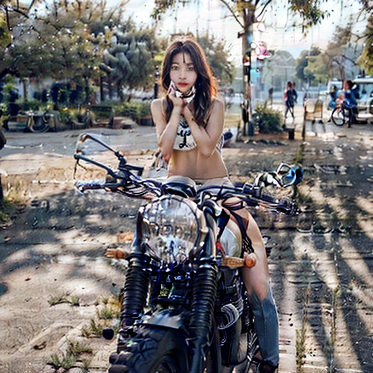 Woman riding a Harley,Long black hair with red highlights, Full Scene Shot, Highest quality, sunset, Step Path, The wind is blowing,Look up at the sky, Beautiful woman, Outdoor Scene, 自然のlandscape, bikini, Umbilical cord prolapse, jeans,Cross Belt、Highly detailed face and skin texture, fine grain,, whole body, Octane Rendering,Two-tone lighting,wide aperture,Low ISO,White balance, Driving a classic motorcycle, landscape