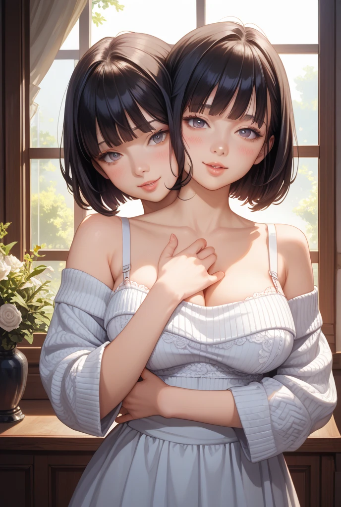 ((masterpiece)), ((best quality)), (detailed), perfect, solo, two-headed billieeilish, gorgeous woman, luscious lips, black hair, blue eyes, huge breast, deep cleavage, huge breasts, sexy, (two heads, conjoined_dicephalus), (kissing:1.3), (wearing loose fitting sweater), hand on breast, indentation on breast, (hand on crotch), blushing, extremely aroused, lying on the ground, (legs open), falling asleep, yawning 