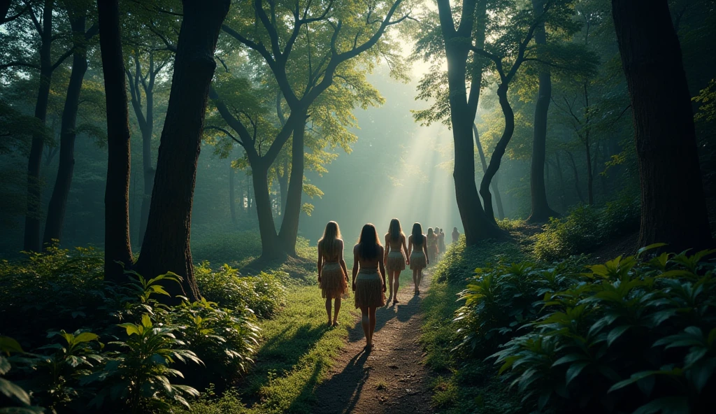 A forest at a centre a 6 naked  ladies rounding a fire