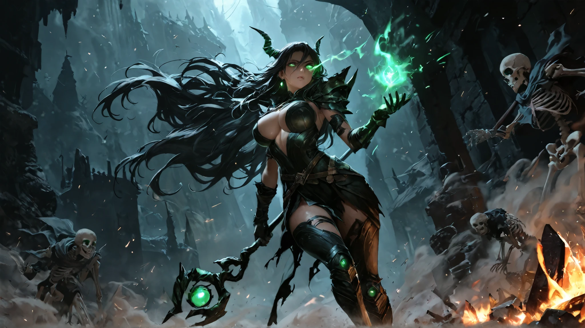 close full body portrait of alisabcnv ,dramatic lighting, green mist, dark, illustration by Greg rutkowski, yoji shinkawa, 4k, digital art, concept art, trending on artstation