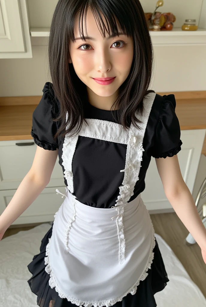 (8K、RAW Photos、Highest quality、masterpiece:1.2)、(Realistic、Realistic)、1 Girl、((Maid Costume:1.2、Thin legs、whole body、View from the front、smile、Looking into the camera、Hold your skirt with both hands and show me your black panties))、cute